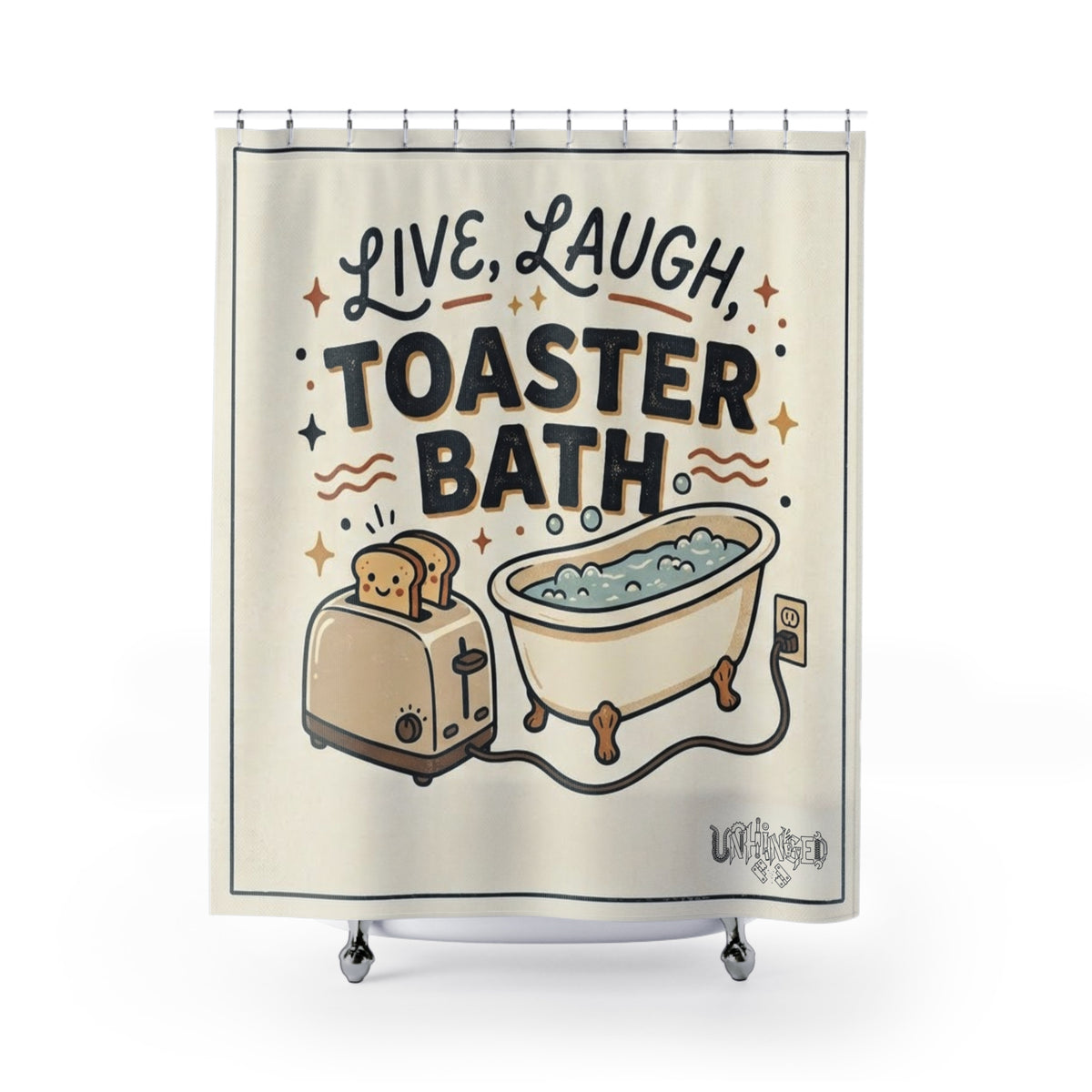 Shower Curtain — "Live, Laugh, Toaster Bath" Funny Retro Bath Decor
