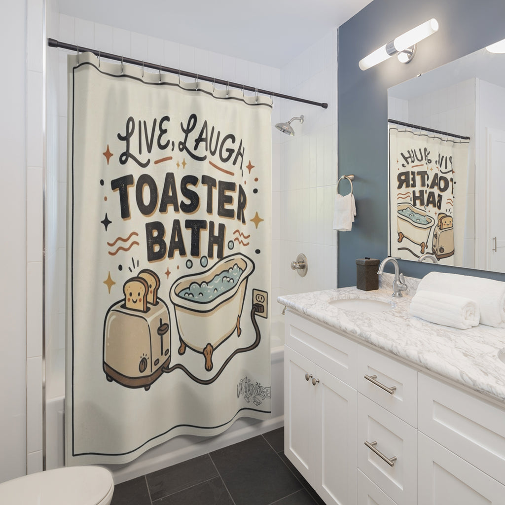 Shower Curtain — "Live, Laugh, Toaster Bath" Funny Retro Bath Decor