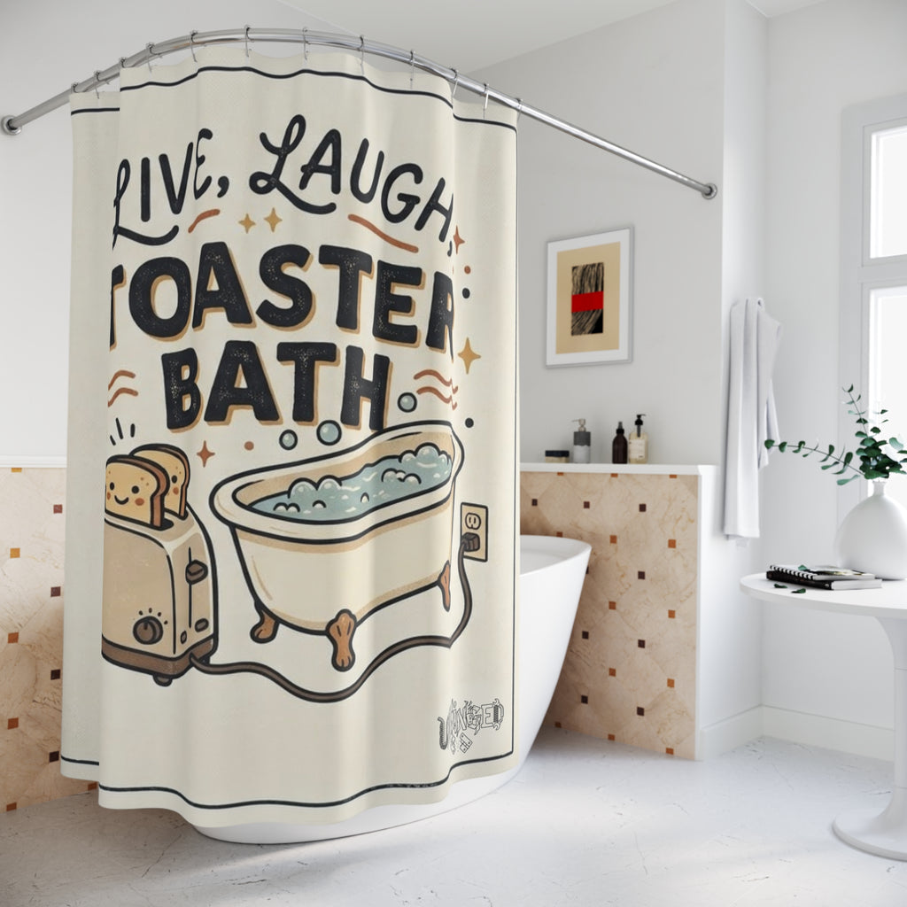 Shower Curtain — "Live, Laugh, Toaster Bath" Funny Retro Bath Decor